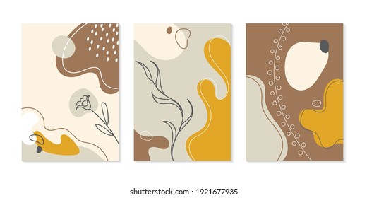 Set of brochure cover template modern hand drawn organic shape with lines and floral, leaves background. Vector illustration