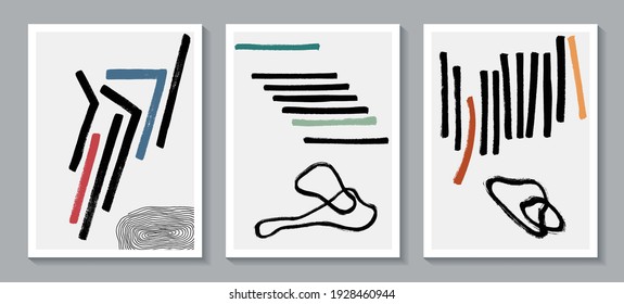 Set von Broschüren-Titelvorlagen. Abstrakte, kreative minimalistische, geometrische, handgemalte Illustrationen für Poster, Karten, Broschüren, Wanddekorationen, Werbematerialien. Abstrakter gemalter Hintergrund. 