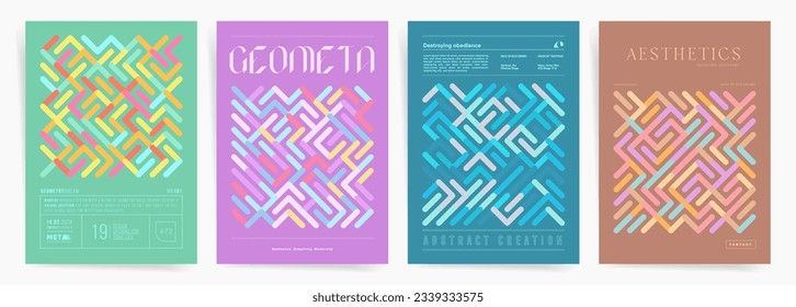 Set of brochure cover templates in geometric maze style. Bauhaus and memphis modern elements. Geometric abstract background. Vector graphic design for presentation, event poster, book cover, placard.