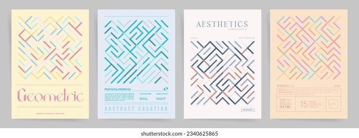 Set of brochure cover templates in geometric line art style. Nordic minimal modern elements. Geometric abstract background. Vector graphic design for presentation, event poster, book cover, placard.
