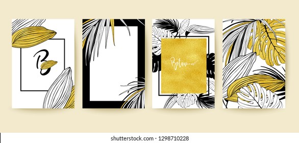 Set of brochure,  covers, cards with exotic palm leaves. Wedding, save the date design. Packaging branding style concept. 
