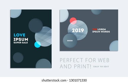 Set of brochure with dark neon style, creative design of catalog cover, flyer in A4 with grey blue soft circles for night club, promotion, advertisement, event. Black background.