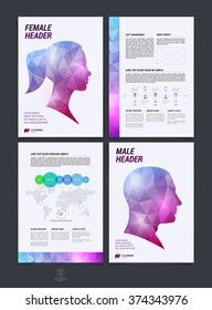 Set of brochure design, flyer, cover, booklet and report layout template with red and pink female and male silhouette polygonal background. Vector illustration.