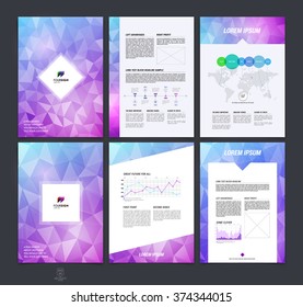 Set of brochure design, flyer, cover, booklet and report layout template with red pink and blue polygonal background. Vector illustration.