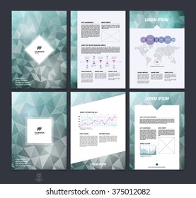 Set of brochure design, flyer, cover, booklet and report layout template with premium dark green polygonal background. Vector illustration.