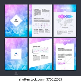 Set of brochure design, flyer, cover, booklet and report layout template with premium pink and blue polygonal background. Vector illustration.