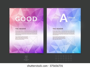 Set of brochure design, flyer, cover, booklet and report layout template with blue and red pink polygonal background. Vector illustration.