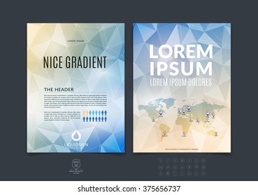 Set of brochure design, flyer, cover, booklet and report layout template with blue and yellow polygonal background. Vector illustration.