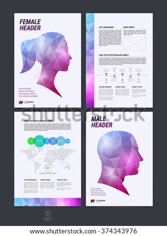 Set of brochure design, flyer, cover, booklet and report layout template with red and pink female and male silhouette polygonal background. Vector illustration.