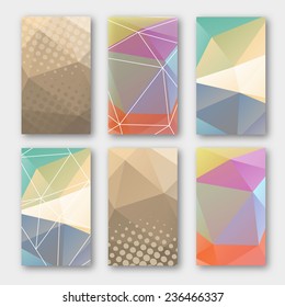 Set of brochure design templates. Geometric triangular abstract  backgrounds. Mobile technologies, applications and online services concept, vector illustration