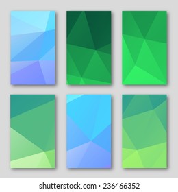 Set of brochure design templates. Geometric triangular abstract  backgrounds. Mobile technologies, applications and online services concept, vector illustration