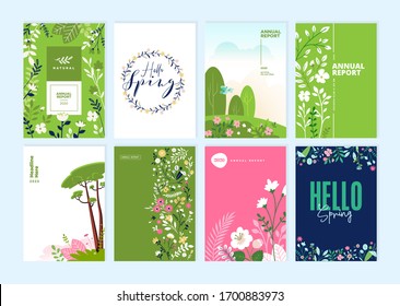 Conjunto de diseños de folletos sobre el tema de la naturaleza, la primavera, la belleza, la moda, los productos naturales y orgánicos, el medio ambiente. Ilustración vectorial o plantillas de diseño de portada, informes anuales, material de marketing.