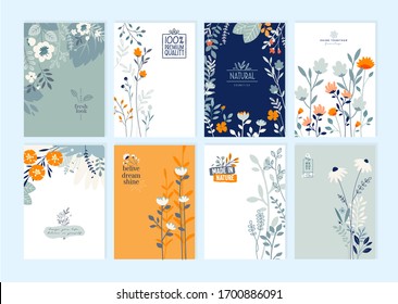 Set of brochure designs on the subject of nature, spring, beauty, fashion, natural and organic products, environment. Vector illustration or cover design templates, annual reports, marketing material.