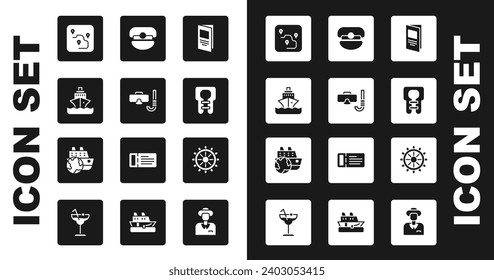 Set Brochure, Diving mask and snorkel, Cruise ship, Route location, Life jacket, Captain hat, Ship steering wheel and  icon. Vector