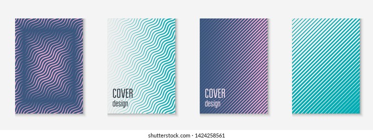 Set brochure. Dynamic wallpaper, patent, booklet, certificate layout. Blue and purple. Set brochure as minimalist trendy cover. Line geometric element.