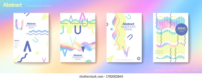 Set of brochure and flyer cover template in Memphis design, holographic texture in wave shaped clipping masks