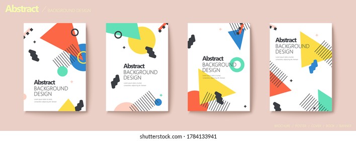 Set of brochure and flyer cover template in Memphis style, mix design of colorful geometric shapes and creative line art