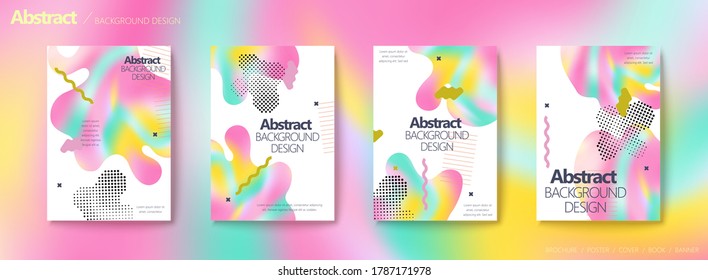 Set of brochure and flyer cover template, holographic texture in fluid shaped clipping masks with dotted patterns