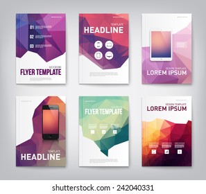 Set of brochure, flyer, report design templaes with triangular polygonal background, smartphone, mobile, technology. Clean and modern style