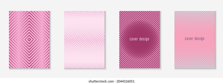 Set brochure. Futuristic web app, certificate, annual report, mobile screen layout. Purple and pink. Set brochure as minimalist trendy cover. Line geometric element.
