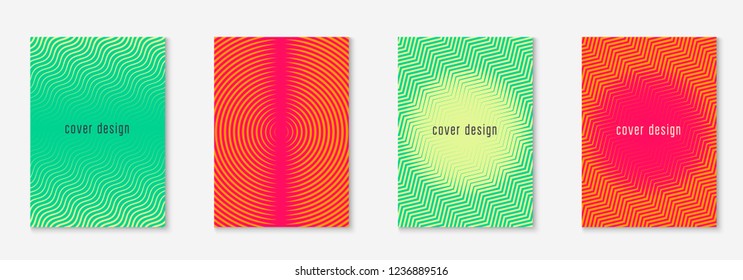 Set brochure. Halftone notebook, presentation, book, journal layout. Green and yellow. Set brochure as minimalist trendy cover. Line geometric element.