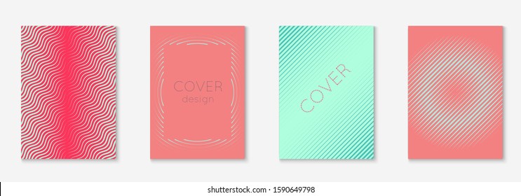 Set brochure. Halftone placard, folder, report, book mockup. Pink and turquoise. Set brochure as minimalist trendy cover. Line geometric element.