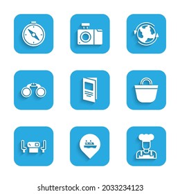 Set Brochure, Location with cruise ship, Cook, Beach bag, Poker table, Binoculars, Worldwide and Compass icon. Vector