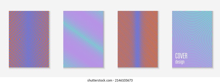 Set brochure. Memphis wallpaper, booklet, annual report, placard mockup. Orange and purple. Set brochure as minimalist trendy cover. Line geometric element.