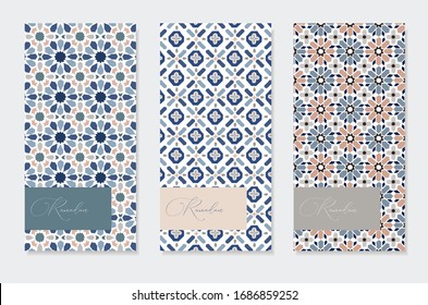 Set of brochure, menu card templates. Ramadan Kareem greeting cards with hand drawn blue Moroccan patterns. Islamic backgrounds, web banners. Portuguese azulejos tiles design.  Vector illustrations.