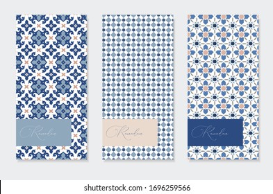 Set of brochure, menu card templates. Ramadan Kareem greeting cards with hand drawn blue Moroccan patterns. Islamic backgrounds, web banners. Portuguese azulejos tiles design.  Vector illustrations.