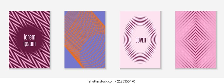 Set brochure. Minimal book, page, journal, folder layout. Purple and pink. Set brochure as minimalist trendy cover. Line geometric element.