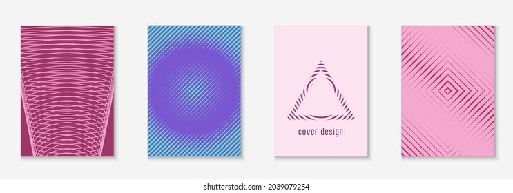 Set brochure. Multiply flyer, banner, certificate, report mockup. Purple and turquoise. Set brochure as minimalist trendy cover. Line geometric element.