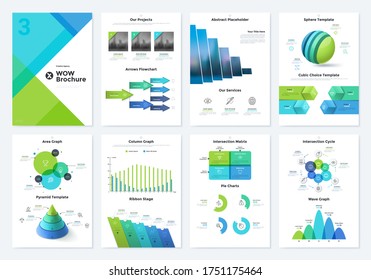 Set of brochure pages with flowcharts, column and wave graphs, sphere and pyramid diagrams, pie chart. Simple infographic design templates. Modern vector illustration for business data analysis.