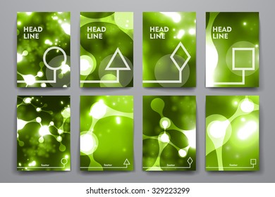 Set of brochure, poster templates in neon molecule structure style. Beautiful design and layout