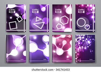 Set of brochure, poster templates in neon molecule structure style. Beautiful design and layout