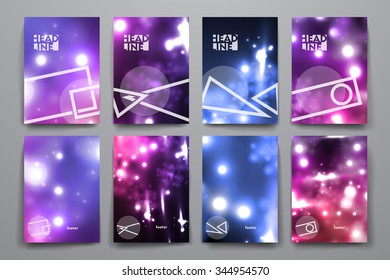 Set of brochure, poster templates in neon molecule structure style. Beautiful design and layout
