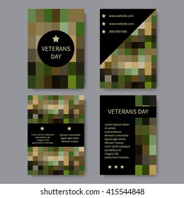 Set of brochure, poster templates in veterans day style.  Armistice Day. November 11. Honors military veterans. Memorial Day. Remembrance of American war dead. Last Monday in May. Vector illustration