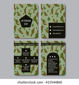 Set of brochure, poster templates in veterans day style.  Armistice Day. November 11. Honors military veterans. Memorial Day. Remembrance of American war dead. Last Monday in May. Vector illustration