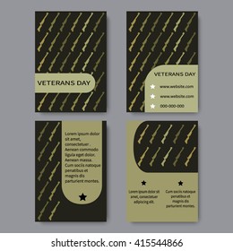 Set of brochure, poster templates in veterans day style.  Armistice Day. November 11. Honors military veterans. Memorial Day. Remembrance of American war dead. Last Monday in May. Vector illustration