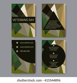 Set of brochure, poster templates in veterans day style.  Armistice Day. November 11. Honors military veterans. Memorial Day. Remembrance of American war dead. Last Monday in May. Vector illustration