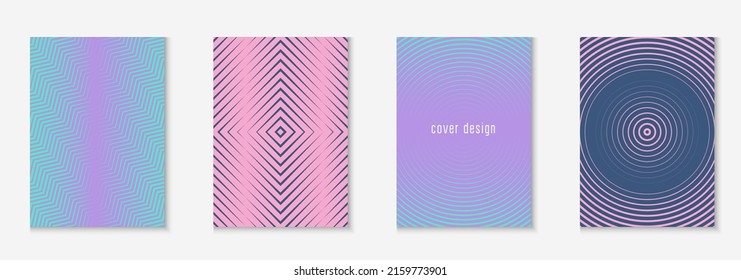 Set brochure. Purple and turquoise. Memphis page, web app, presentation, notebook layout. Set brochure as minimalist trendy cover. Line geometric element.