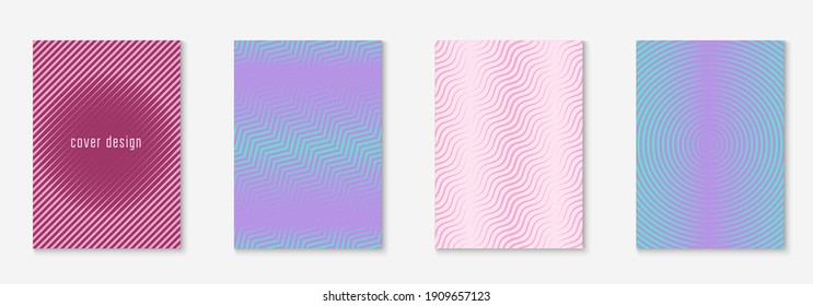 Set brochure. Retro invitation, folder, annual report, flyer mockup. Purple and turquoise. Set brochure as minimalist trendy cover. Line geometric element.