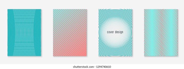 Set brochure. Retro journal, placard, presentation, page mockup. Pink and turquoise. Set brochure as minimalist trendy cover. Line geometric element.