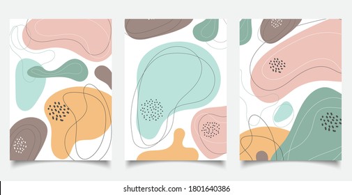 Conjunto de plantillas de folleto abstracto de formas orgánicas mínimas composición color pastel fondo en un estilo de collage contemporáneo a la moda. Ilustración del vector