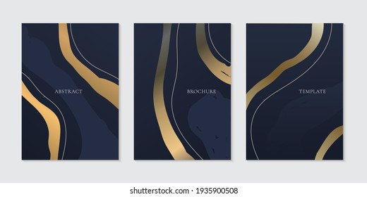 Set of brochure template elegant abstract golden curve line on dark blue background. Luxury style. Vector illustration