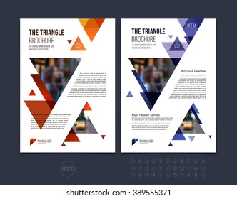 Set of Brochure template layout, cover design annual report, magazine, flyer or booklet in A4 with blue purple red dynamic triangular geometric shapes on white background. Vector Illustration.