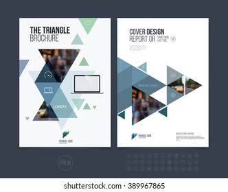 Set of Brochure template layout, cover design annual report, magazine, flyer or booklet in A4 with blue green dynamic triangular geometric shapes on white background. Vector Illustration.