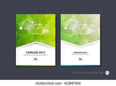 Set of brochure template layout, cover design, annual report, magazine, flyer or booklet in A4 with green triangle geometric arrow shape on polygonal background. Business vector.