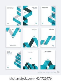 Set of brochure template layout, cover design annual report, magazine, flyer or booklet in A4 with blue grey dynamic triangular geometric shapes and folding stripe ribbon. Business vector flat style.
