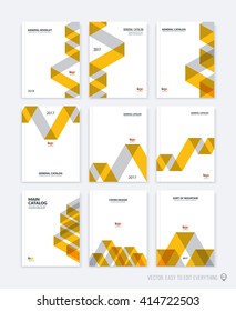 Set of brochure template layout, cover design annual report, magazine, flyer or booklet in A4 with orange dynamic triangular geometric shapes and folding stripe ribbon. Business vector flat style.